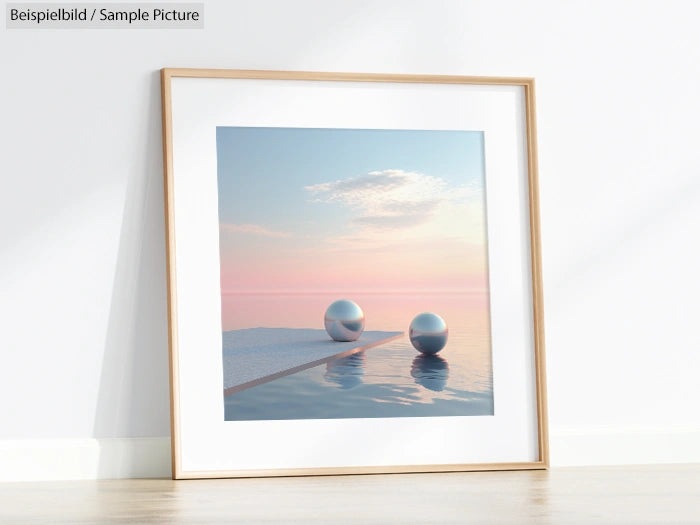 Framed surreal art with spheres on a reflective surface, under a pastel sky, leaning against a wall.