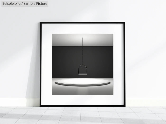 Framed minimalist art print in a sleek, modern interior setting with neutral walls and floor.