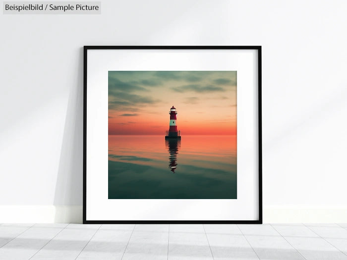 Frame with a lighthouse photo at sunset, calm ocean reflections, displayed on a white wall over light grey floor tiles.