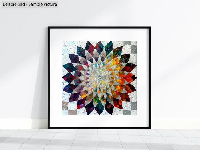 Framed geometric artwork with colorful petal-like pattern on a wall with tile flooring.