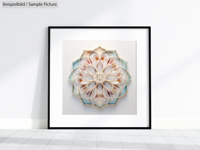 Framed artwork with intricate paper quilling in a floral mandala design, featuring soft earth tones and subtle blue accents.