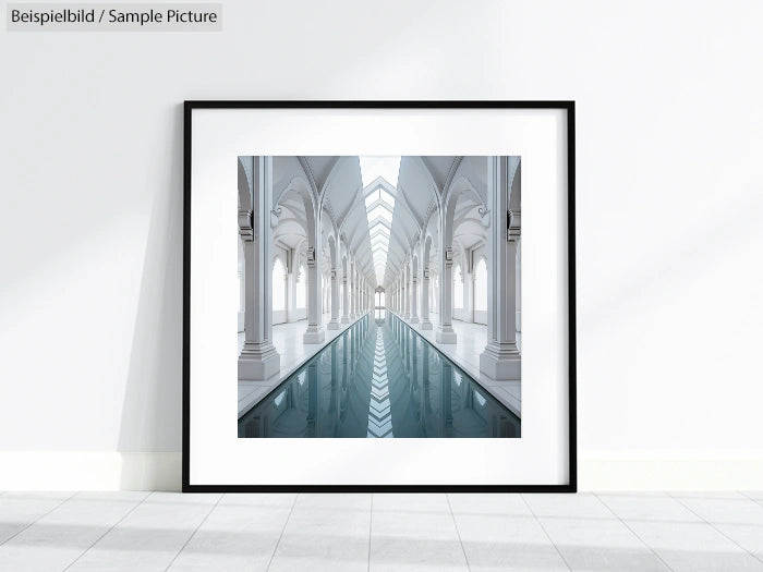 Framed photo of a symmetrical, arched hallway with a reflective pool, displayed in a minimalist gallery setting.