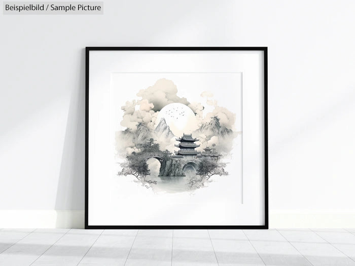 Framed oriental landscape painting with mountains, clouds, and traditional pagoda in minimalist setting.