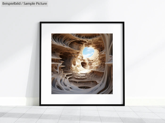 Framed abstract artwork depicting a cave-like structure with an opening revealing a sky view, displayed on a white background.