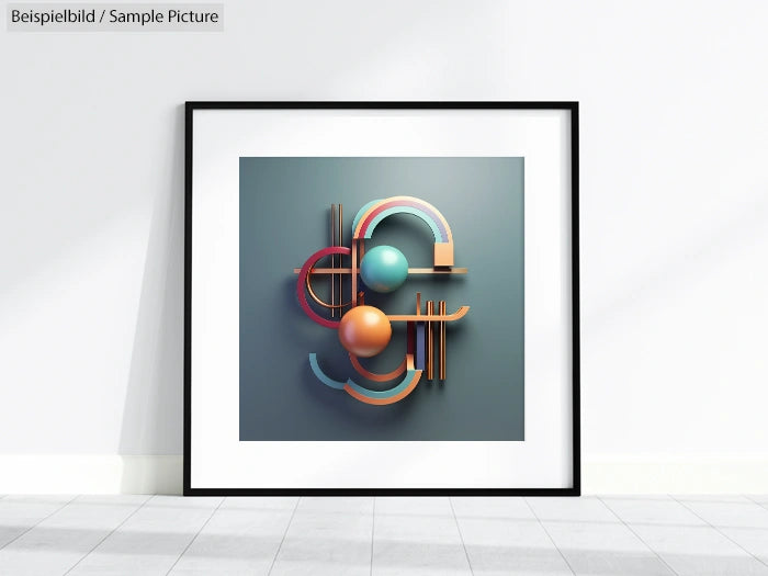 Framed artwork of geometric shapes in pastel colors on a gray wall.