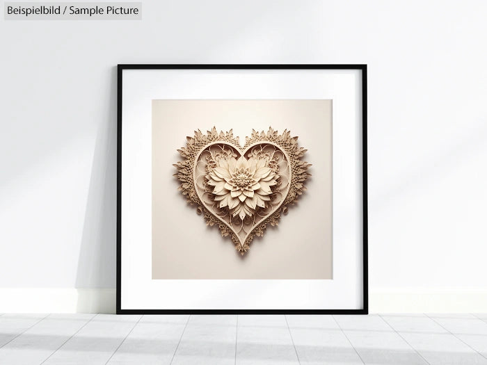 Framed 3D art with intricate heart and floral patterns in a neutral color, displayed on a light gray wall.