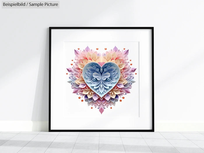 Framed art print with a floral heart design in pastel colors, featuring delicate petals surrounding a central blue heart.