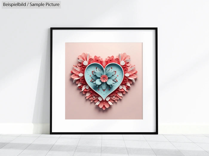 Framed artwork of heart-shaped paper flowers in pink and blue hues displayed against a light wall background.