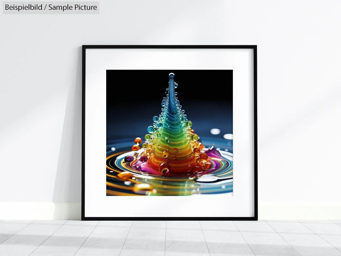 Framed abstract art print showing a colorful cone-shaped liquid splash with rainbow hues on a white wall.