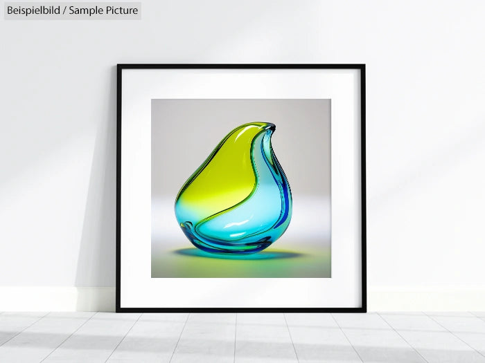 Framed abstract artwork featuring a colorful glass sculpture blending blue and green hues.