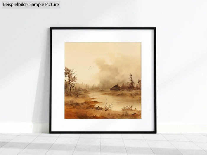 Framed painting of a serene landscape with a cabin by a misty river surrounded by autumnal trees in a white gallery space.