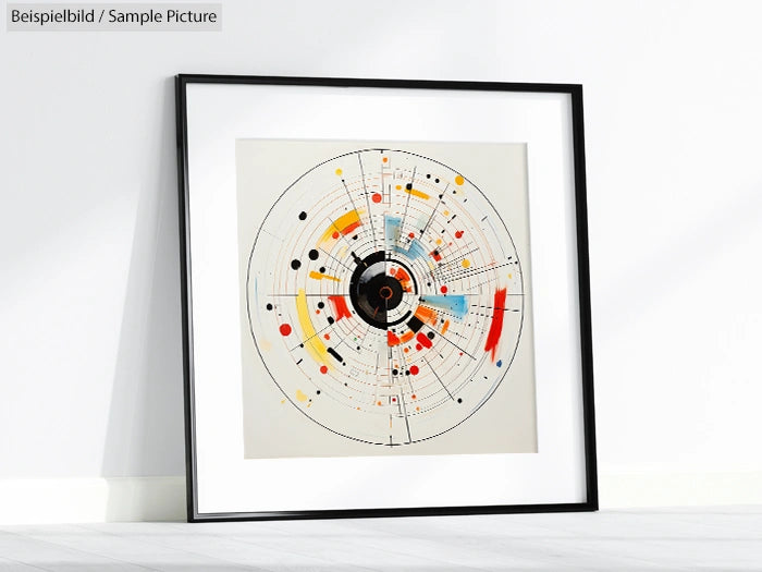 Framed abstract artwork with concentric circles and colorful geometric patterns, displayed against a white wall.