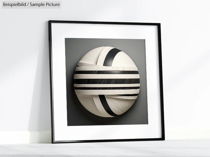 Modern framed abstract art with black and white circular design, placed against a light wall with shadow on the floor.