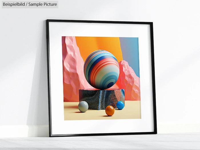 Framed abstract art print with colorful spheres on geometric shapes, against a pastel background.