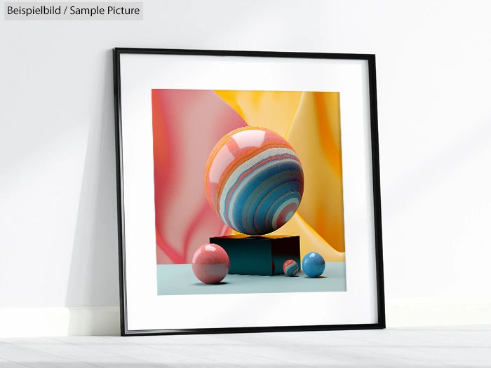 Framed artwork with colorful spherical objects on a yellow and pink background.