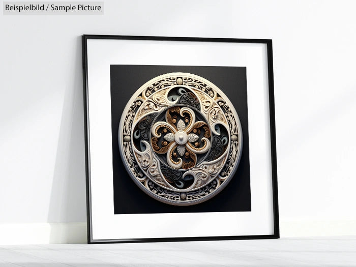 Framed artwork with intricate circular metal design on a black background, displayed on the floor against a white wall.