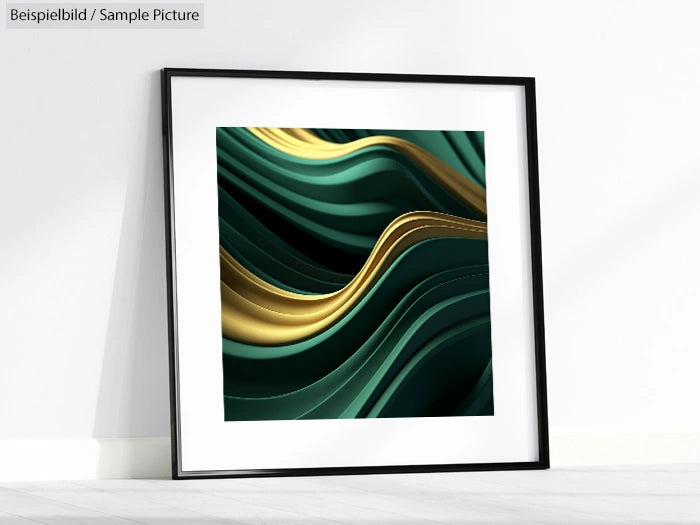 Framed abstract art with green and gold waves, leaning on a white wall.