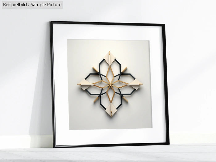 Framed geometric wall art with black and beige diamond-shaped design on a light background.