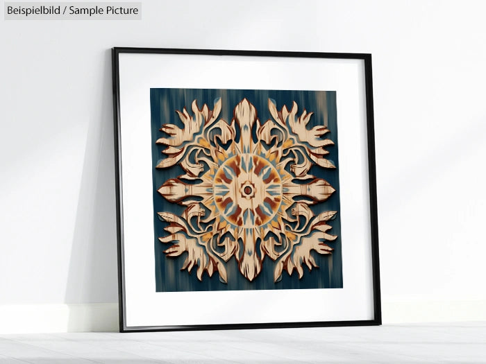 Framed artwork with intricate floral and geometric patterns on a dark background, displayed against a white wall.