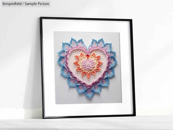 Framed wall art with intricate layered paper design in heart shape, featuring pink, blue, and orange tones.