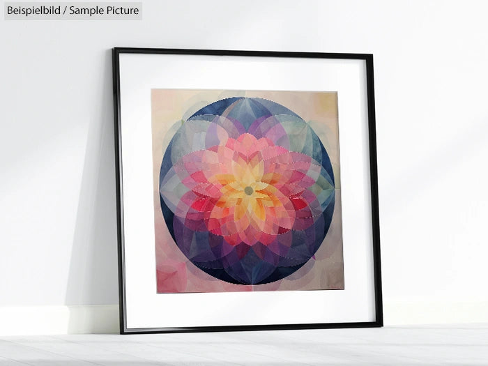 Framed abstract art with layered geometric shapes in pink, blue, and purple hues placed against a white wall.