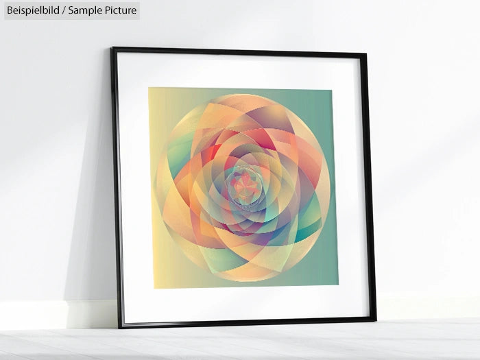 Framed abstract geometric art with multicolored overlapping circles on a white wall.