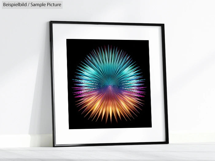 Framed artwork depicting a vibrant multicolored starburst pattern against a black background.