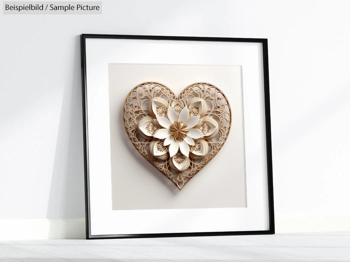 Framed heart-shaped paper art with intricate floral design inside, leaning against a white wall.