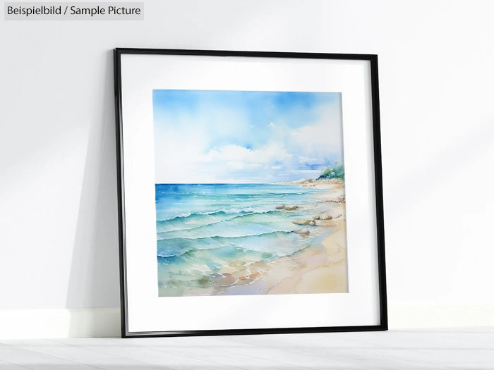 Framed watercolor painting of a serene beach with gentle waves and a clear blue sky.