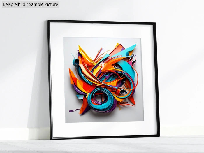 Framed abstract paper sculpture with vibrant colors and dynamic shapes, leaning against a white wall.