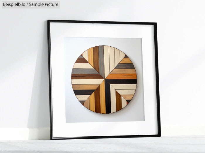 Geometric wooden patterned artwork in a square black frame against a white wall.