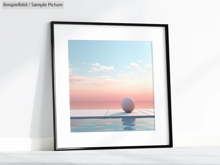 Framed picture of minimalist sunset over water with a white sphere, placed against a wall on wooden flooring.