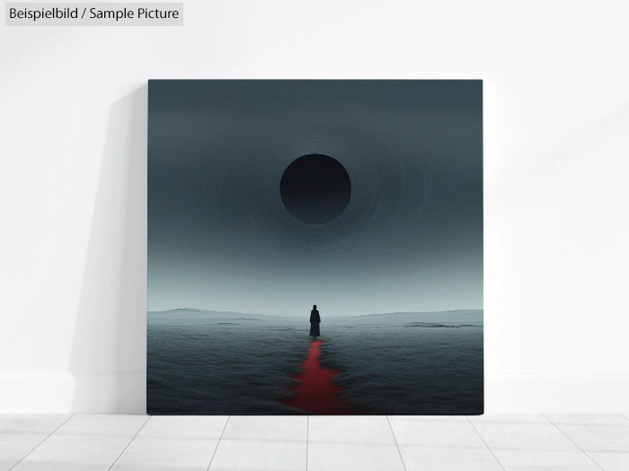 Surreal artwork of a lone figure on a red path under a dark, eclipsed sun against a desolate, misty landscape.