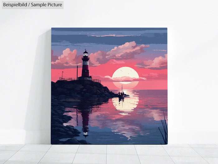 Artwork depicting a lighthouse on a cliff by calm water at sunset, with pink and purple clouds reflecting on the surface.