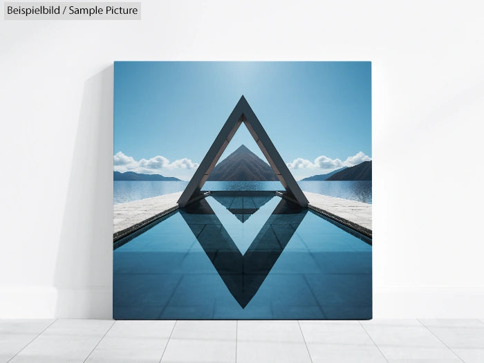 Geometric pyramid artwork by a serene lake reflecting the mountains and sky, displayed on a white gallery wall.