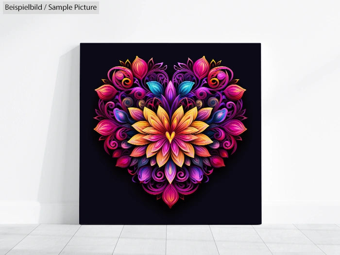 Heart-shaped floral mandala with vibrant colors on a black background, displayed on a white wall.