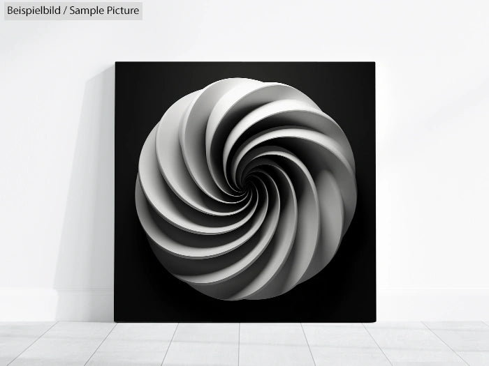 Abstract 3D art of spiraling, layered shapes on a square black background, mounted on a white wall.