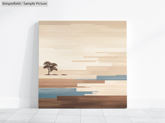 Modern abstract painting with a tree and horizontal rectangular shapes in earthy tones on a white wall.