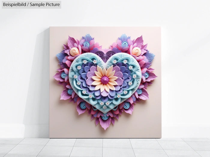 3D floral heart art with pastel layers of lavender, pink, and blue petals on a white background.