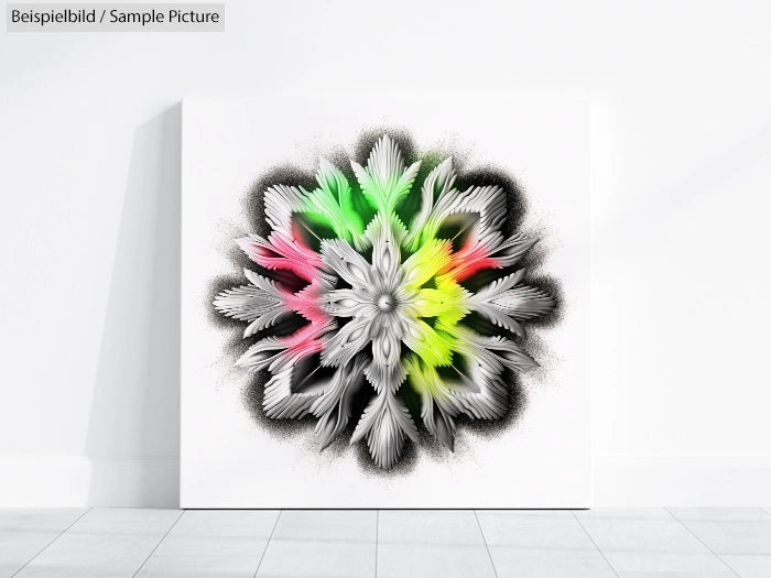 Abstract floral artwork with black, green, pink, and yellow accents on a white background, displayed on a floor.