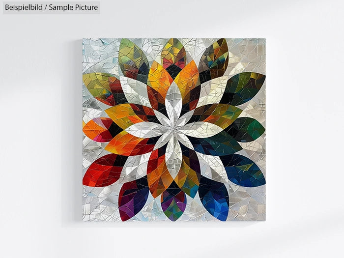 Abstract mosaic artwork featuring a floral pattern with multicolored leaf-shaped tiles forming a complex symmetrical design.