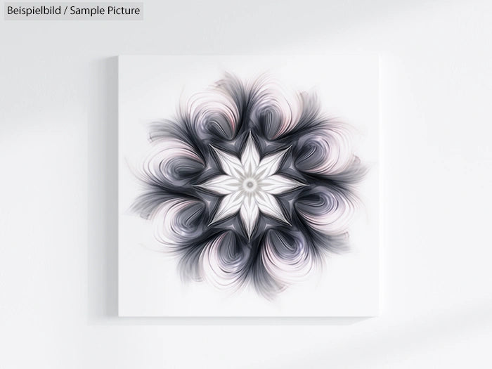 Abstract art with a central star-like figure surrounded by swirling gray and pink feathers on a white canvas.