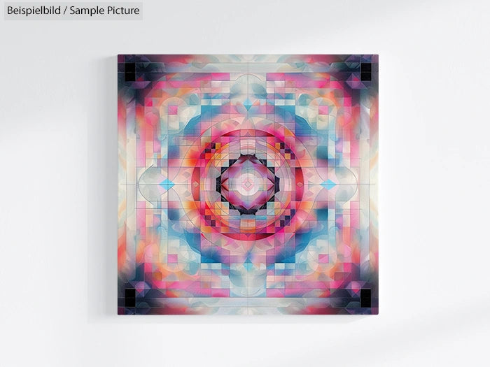 Geometric abstract artwork with colorful kaleidoscopic patterns in pink, blue, and black hues.