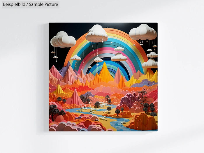 Colorful 3D landscape art with rainbows, clouds, and orange mountains on a canvas.