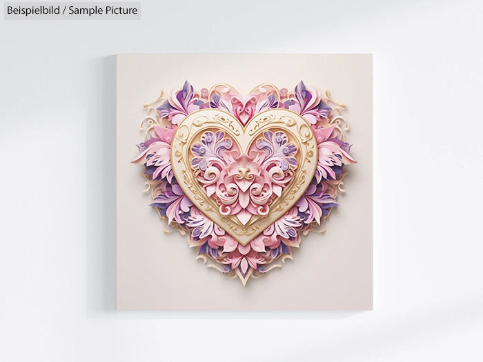 Intricate heart-shaped paper art with pastel pink and purple floral details on a white background.