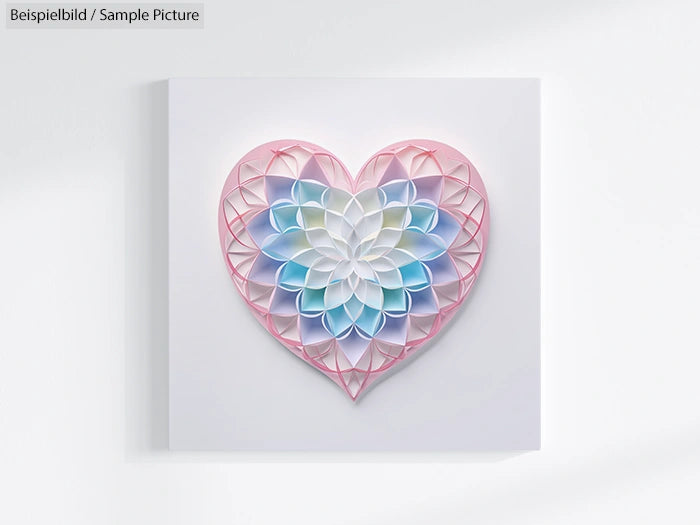 Intricate heart-shaped wall art with pink, blue, and white layered geometric patterns on a white background.