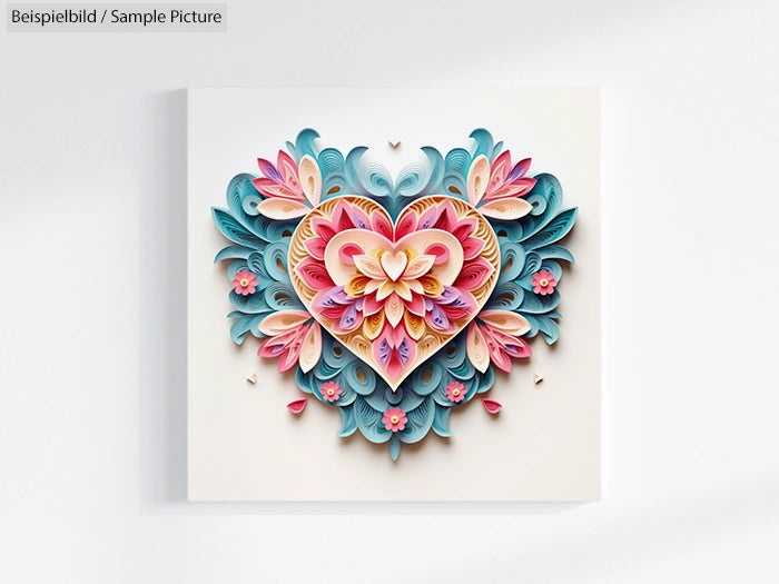 Colorful paper quilling art in heart shape with pink, blue, and orange intricate patterns on white background.