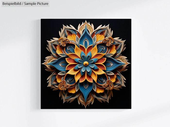 Intricate mandala design with vibrant blue, orange, and gold layers on a black background.