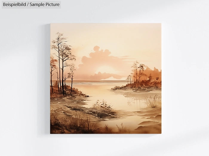 Sunset landscape painting with trees, calm water, and mountains in soft shades of orange and brown.