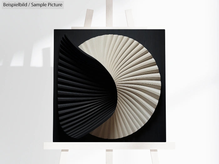 Sculptural art piece with cream and black folded paper forming a circular pattern on a canvas.